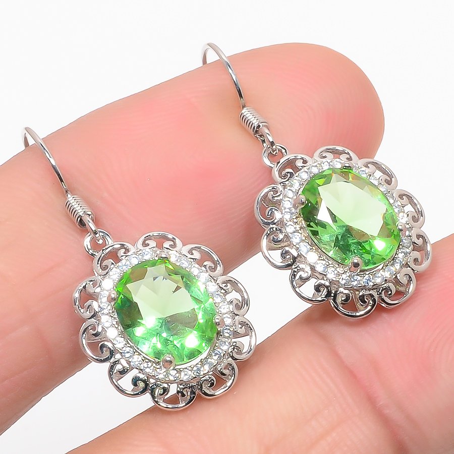 Burmese Peridot & CZ 925 Sterling Silver Jewelry Earring, Drop Dangle Earring, Gift For Her, Oval Earring, Green Earring, Silver Jewelry Earring