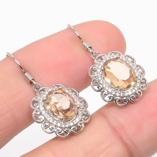 Madagascar Morganite Quartz & CZ 925 Silver Earring, Drop Dangle Earring, Gift For Her, Oval Earring, Peach Earring, Silver Jewelry Earring