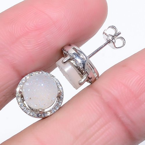 Opalite Agate Drusy & White Topaz 925 Silver Push Back Earring Stud T89