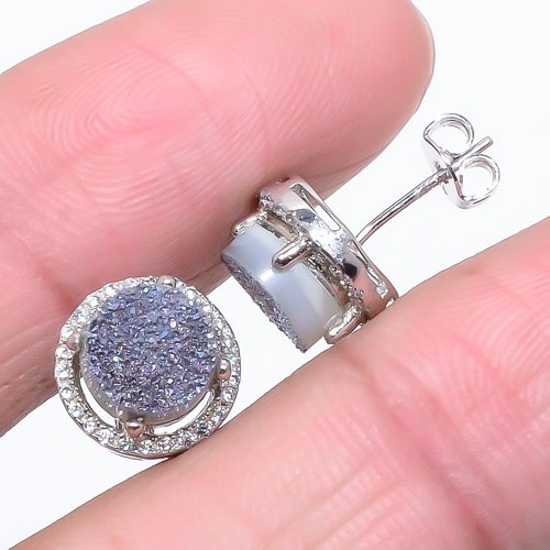Titanium Drusy & White Topaz 925 Silver Push Back Earring, Drop Dangle Earring, Gift For Her, Round Earring, Purple Earring, Silver Jewelry Earring