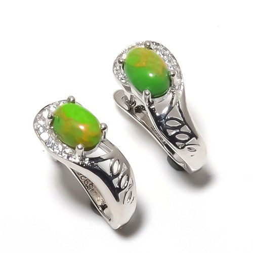 Green Copper Turquoise & CZ 925 Sterling Silver Earring 0.59" M145