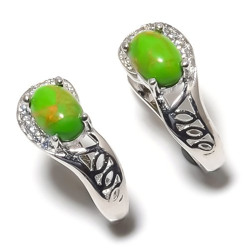 Green Copper Turquoise & CZ 925 Sterling Silver Jewelry Earring, Drop Dangle Earring, Gift For Her, Oval Earring, Green Earring, Silver Jewelry Earring