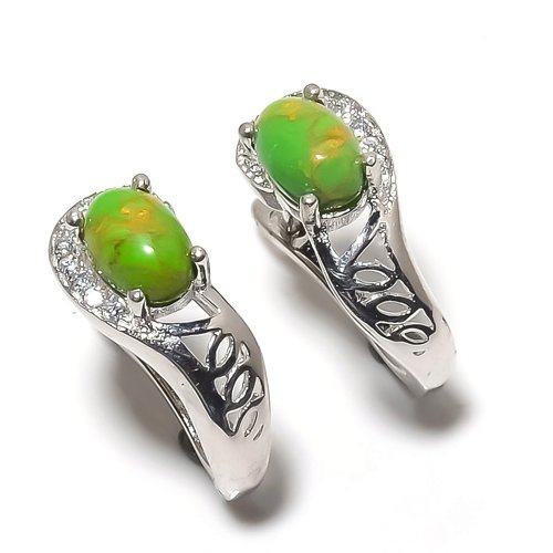 Green Copper Turquoise & CZ 925 Sterling Silver Jewelry Earring, Drop Dangle Earring, Gift For Her, Oval Earring, Green Earring, Silver Jewelry Earring
