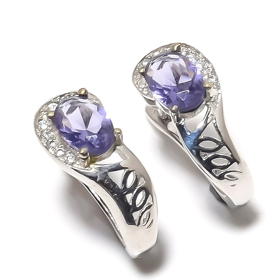 Iolite & CZ 925 Sterling Silver Jewelry Earring, Drop Dangle Earring, Gift For Her, Oval Earring, Blue Earring, Silver Jewelry Earring