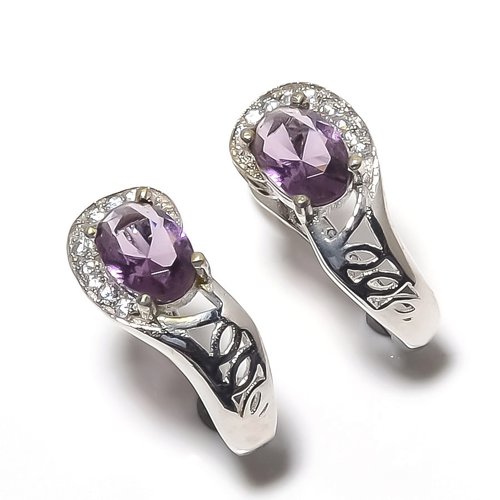 African Amethyst & CZ 925 Sterling Silver Jewelry Earring, Drop Dangle Earring, Gift For Her, Oval Earring, Purple Earring, Silver Jewelry Earring