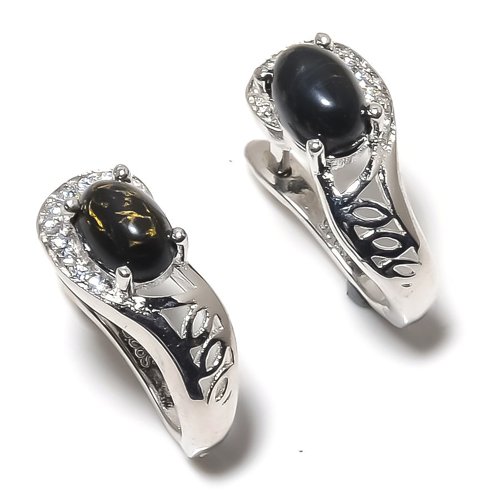 Copper Black Turquoise & CZ 925 Sterling Silver Jewelry Earring, Drop Dangle Earring, Gift For Her, Oval Earring, Black Earring, Silver Jewelry Earring