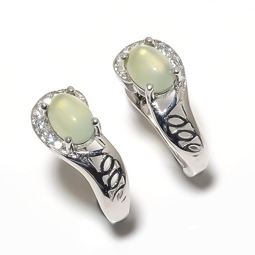 African Prehnite & Cubic Zirconia 925 Sterling Silver Jewelry Earring, Drop Dangle Earring, Gift For Her, Oval Earring, Green Earring, Silver Jewelry Earring