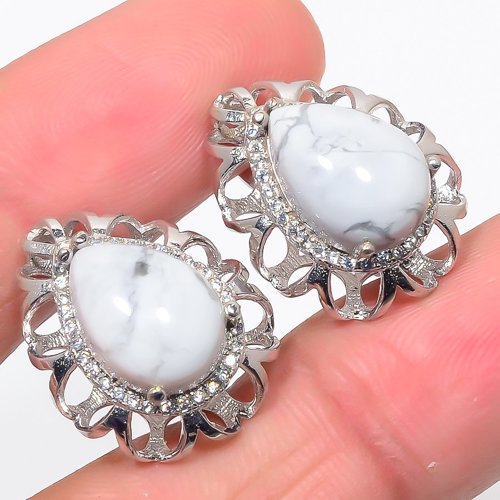 American Howlite & Cubic Zirconia Solid 925 Sterling Silver Jewelry Earring, Drop Dangle Earring, Gift For Her, Pear Earring, White Earring, Silver Jewelry Earring