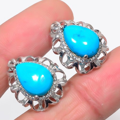 Magnesite Turquoise & Cubic Zirconia 925 Sterling Silver Jewelry Earring, Drop Dangle Earring, Gift For Her, Pear Earring, Blue Earring, Silver Jewelry Earring