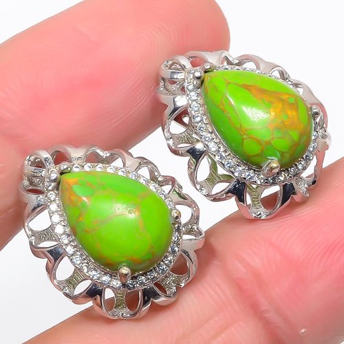 Green Copper Turquoise & CZ 925 Sterling Silver Jewelry Earring, Drop Dangle Earring, Gift For Her, Pear Earring, Green Earring, Silver Jewelry Earring
