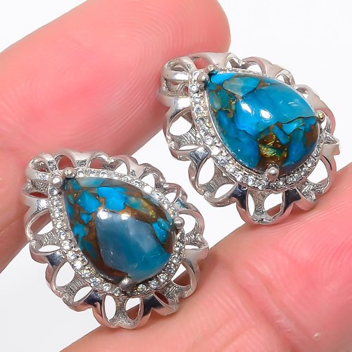Ithaka Peak Mines Copper Turquoise & CZ 925 Sterling Silver Earring 0.94" T64