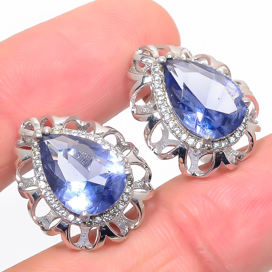 Iolite & Cubic Zirconia 925 Sterling Silver Jewelry Earring, Drop Dangle Earring, Gift For Her, Pear Earring, Blue Earring, Silver Jewelry Earring