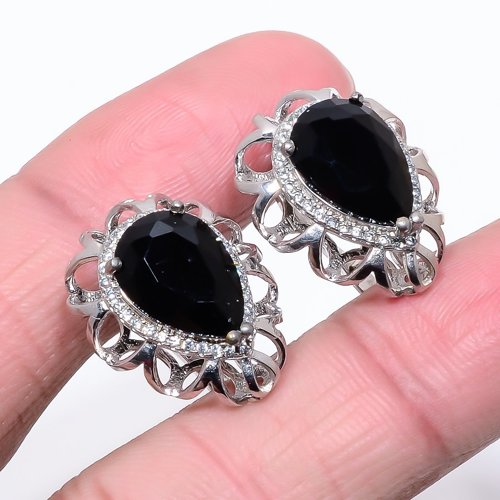 Black Onyx Rhodium Plated 925 Silver Latch Back Earring, Drop Dangle Earring, Gift For Her, Pear Earring, Black Earring, Silver Jewelry Earring