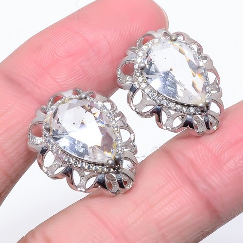 White Topaz Rhodium Plated 925 Silver Latch Back Earring, Drop Dangle Earring, Gift For Her, Pear Earring, White Earring, Silver Jewelry Earring