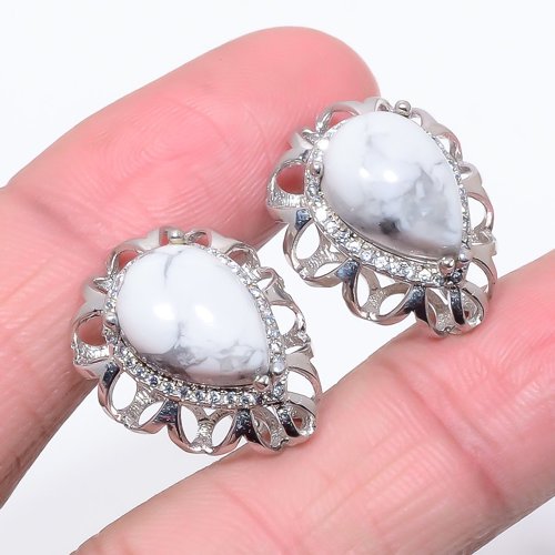 American Howlite & White Topaz 925 Silver Latch Back Earring 0.78" T56