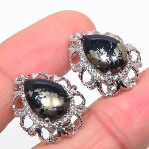 Magnetite In Pyrite & Cubic Zirconia 925 Sterling Silver Jewelry Earring, Drop Dangle Earring, Gift For Her, Pear Earring, Black Earring, Silver Jewelry Earring