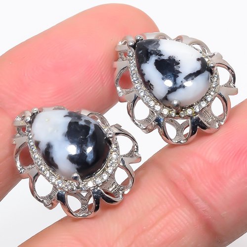 White Buffalo Turquoise & Cubic Zirconia 925 Sterling Silver Earring 0.94" T58