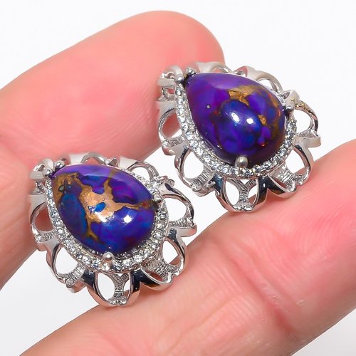 Copper Purple Turquoise & Cubic Zirconia 925 Silver Earring, Drop Dangle Earring, Gift For Her, Pear Earring, Purple Earring, Silver Jewelry Earring