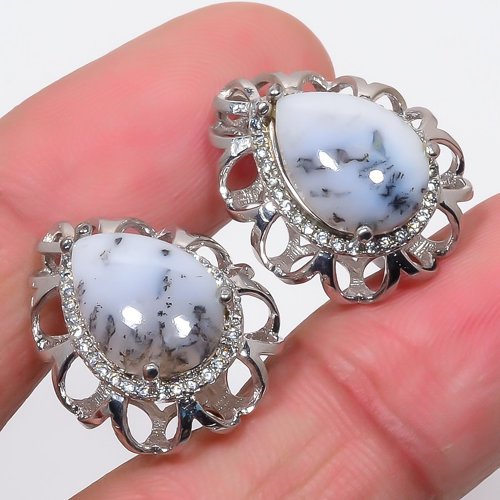 Brazilian Dendritic Opal & Cubic Zirconia 925 Sterling Silver Earring 0.94" T2