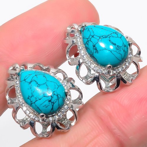Santa Rita Turquoise & CZ 925 Sterling Silver Jewelry Earring, Drop Dangle Earring, Gift For Her, Pear Earring, Blue Earring, Silver Jewelry Earring