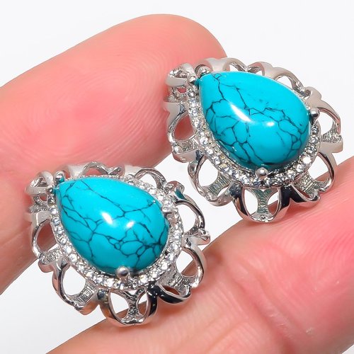 Santa Rita Turquoise & CZ 925 Sterling Silver Jewelry Earring, Drop Dangle Earring, Gift For Her, Pear Earring, Blue Earring, Silver Jewelry Earring