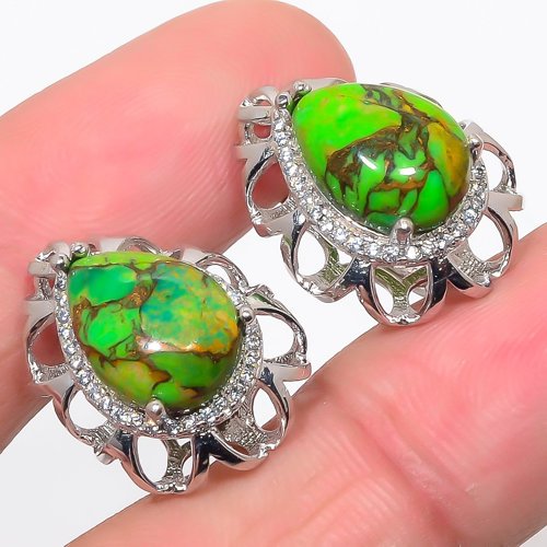 Green Copper Mojave Turquoise & CZ 925 Sterling Silver Jewelry Earring, Drop Dangle Earring, Gift For Her, Pear Earring, Green Earring, Silver Jewelry Earring