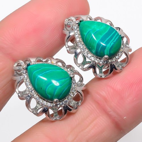 Russian Malachite & CZ 925 Sterling Silver Jewelry Earring, Drop Dangle Earring, Gift For Her, Pear Earring, Green Earring, Silver Jewelry Earring