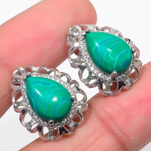 Russian Malachite & CZ 925 Sterling Silver Jewelry Earring, Drop Dangle Earring, Gift For Her, Pear Earring, Green Earring, Silver Jewelry Earring