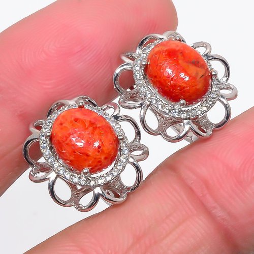 Sponge Coral & Cubic Zirconia Solid 925 Sterling Silver Jewelry Earring, Drop Dangle Earring, Gift For Her, Oval Earring, Red Earring, Silver Jewelry Earring