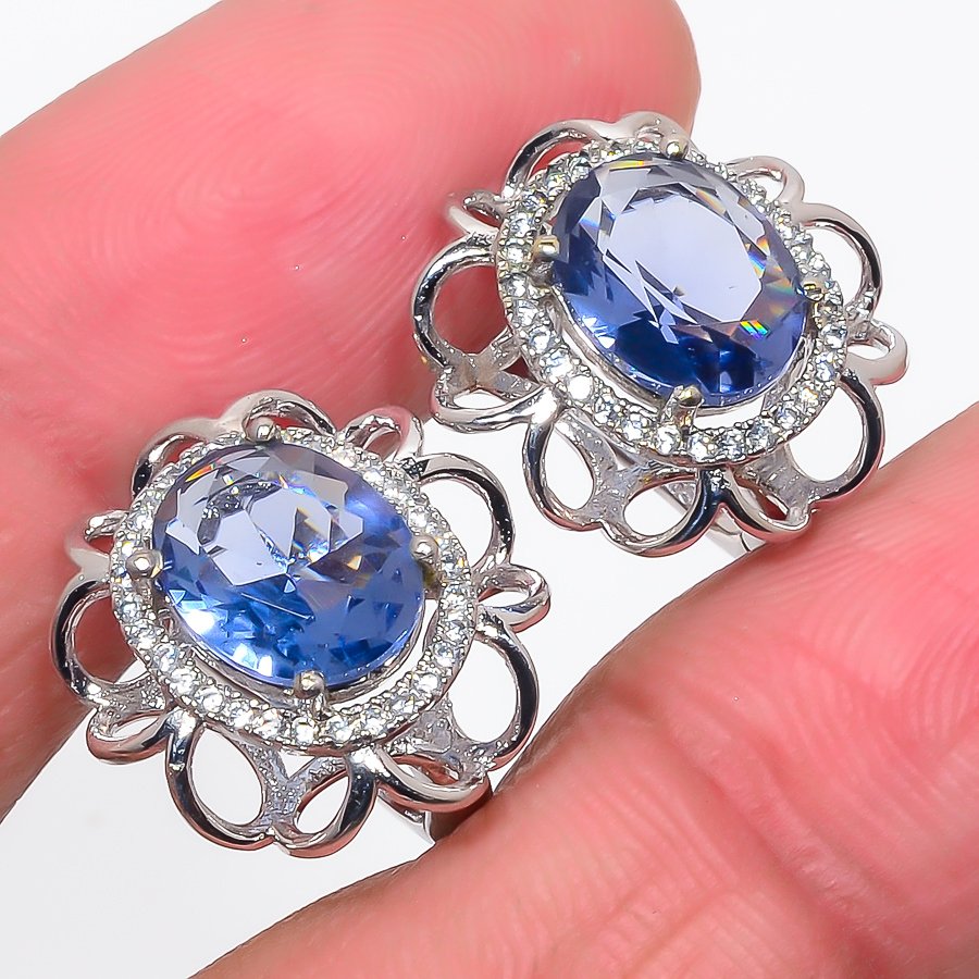 Iolite & Cubic Zirconia 925 Sterling Silver Jewelry Earring, Drop Dangle Earring, Gift For Her, Oval Earring, Blue Earring, Silver Jewelry Earring