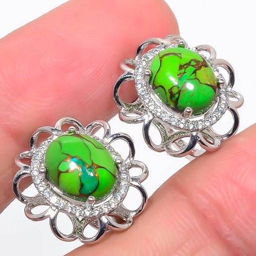 Green Copper Mojave Turquoise & Cubic Zirconia 925 Silver Earring, Drop Dangle Earring, Gift For Her, Oval Earring, Green Earring, Silver Jewelry Earring