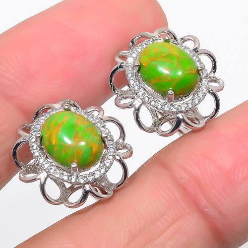 Green Copper Turquoise & CZ 925 Sterling Silver Jewelry Earring, Drop Dangle Earring, Gift For Her, Oval Earring, Green Earring, Silver Jewelry Earring
