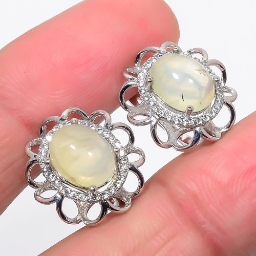 African Prehnite & Cubic Zirconia 925 Sterling Silver Jewelry Earring, Drop Dangle Earring, Gift For Her, Oval Earring, Green Earring, Silver Jewelry Earring
