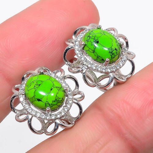 Green Turquoise & CZ 925 Sterling Silver Jewelry Earring, Drop Dangle Earring, Gift For Her, Oval Earring, Green Earring, Silver Jewelry Earring