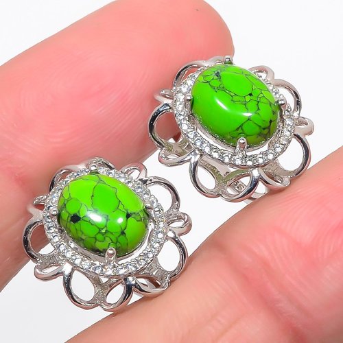Green Turquoise & CZ 925 Sterling Silver Jewelry Earring, Drop Dangle Earring, Gift For Her, Oval Earring, Green Earring, Silver Jewelry Earring