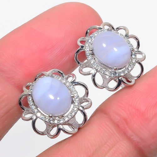 Blue Lace Agate & Cubic Zirconia 925 Sterling Silver Jewelry Earring, Drop Dangle Earring, Gift For Her, Oval Earring, Blue Earring, Silver Jewelry Earring