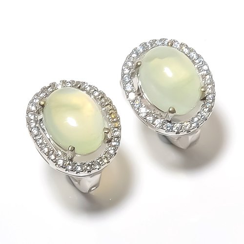 African Prehnite & Cubic Zirconia 925 Sterling Silver Jewelry Earring, Drop Dangle Earring, Gift For Her, Oval Earring, Green Earring, Silver Jewelry Earring