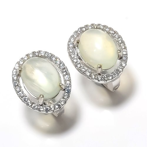 African Prehnite & Cubic Zirconia 925 Sterling Silver Jewelry Earring, Drop Dangle Earring, Gift For Her, Oval Earring, Green Earring, Silver Jewelry Earring