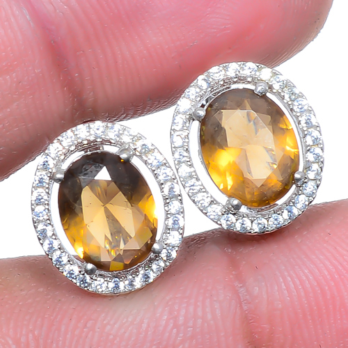 Smoky Quartz & CZ 925 Sterling Silver Jewelry Earring, Drop Dangle Earring, Gift For Her, Oval Earring, Brown Earring, Silver Jewelry Earring