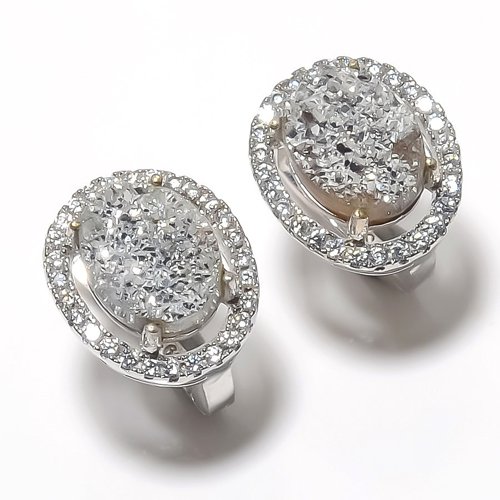 Silver Titanium Drusy & Cubic Zirconia 925 Sterling Silver Jewelry Earring, Drop Dangle Earring, Gift For Her, Oval Earring, Silver Earring, Silver Jewelry Earring