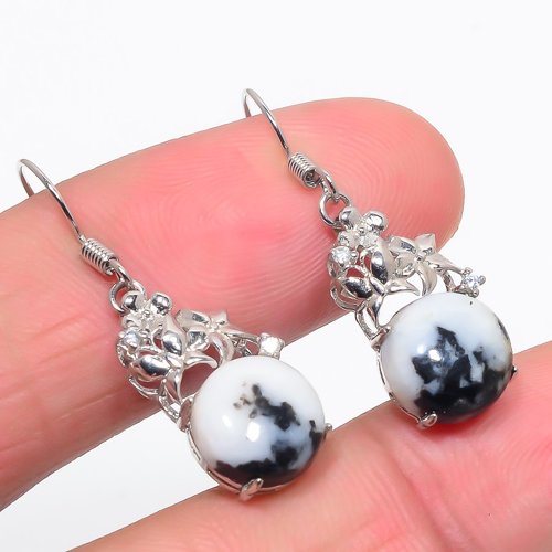 White Buffalo Turquoise & Cubic Zirconia 925 Sterling Silver Jewelry Earring, Drop Dangle Earring, Gift For Her, Round Earring, White Earring, Silver Jewelry Earring