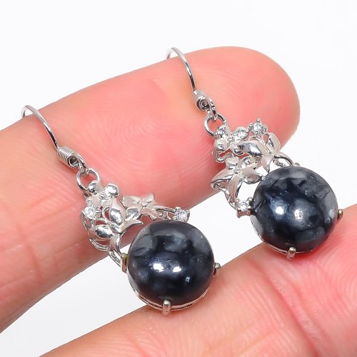 Picasso Jasper & Cubic Zirconia 925 Sterling Silver Jewelry Earring, Drop Dangle Earring, Gift For Her, Round Earring, Black Earring, Silver Jewelry Earring