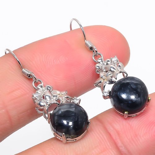 Picasso Jasper & Cubic Zirconia Solid 925 Sterling Silver Jewelry Earring, Drop Dangle Earring, Gift For Her, Round Earring, Black Earring, Silver Jewelry Earring