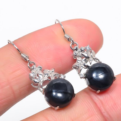 Picasso Jasper & Cubic Zirconia 925 Sterling Silver Jewelry Earring, Drop Dangle Earring, Gift For Her, Round Earring, Black Earring, Silver Jewelry Earring