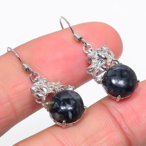 Picasso Jasper & Cubic Zirconia Solid 925 Sterling Silver Jewelry Earring, Drop Dangle Earring, Gift For Her, Round Earring, Black Earring, Silver Jewelry Earring