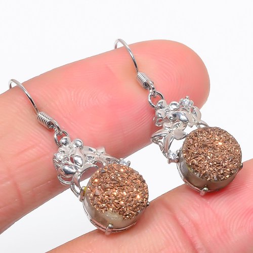 Copper Titanium Drusy & Cubic Zirconia 925 Sterling Silver Jewelry Earring, Drop Dangle Earring, Gift For Her, Round Earring, Brown Earring, Silver Jewelry Earring