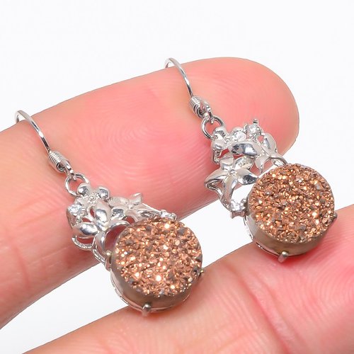 Copper Titanium Drusy, Cubic Zirconia 925 Sterling Silver Jewelry Earring, Drop Dangle Earring, Gift For Her, Round Earring, Brown Earring, Silver Jewelry Earring