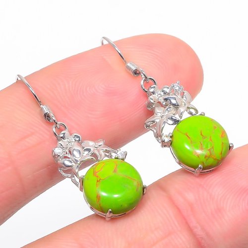 Green Copper Turquoise & CZ 925 Sterling Silver Jewelry Earring, Drop Dangle Earring, Gift For Her, Round Earring, Green Earring, Silver Jewelry Earring