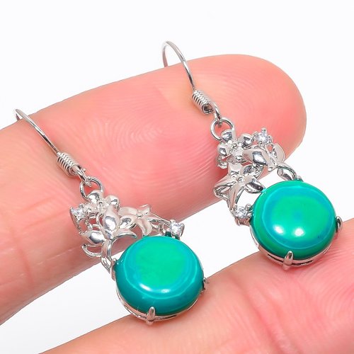 Malachite & Cubic Zirconia 925 Sterling Silver Jewelry Earring, Drop Dangle Earring, Gift For Her, Round Earring, Green Earring, Silver Jewelry Earring