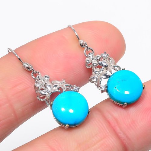 Magnesite Turquoise & Cubic Zirconia 925 Sterling Silver Jewelry Earring, Drop Dangle Earring, Gift For Her, Round Earring, Blue Earring, Silver Jewelry Earring